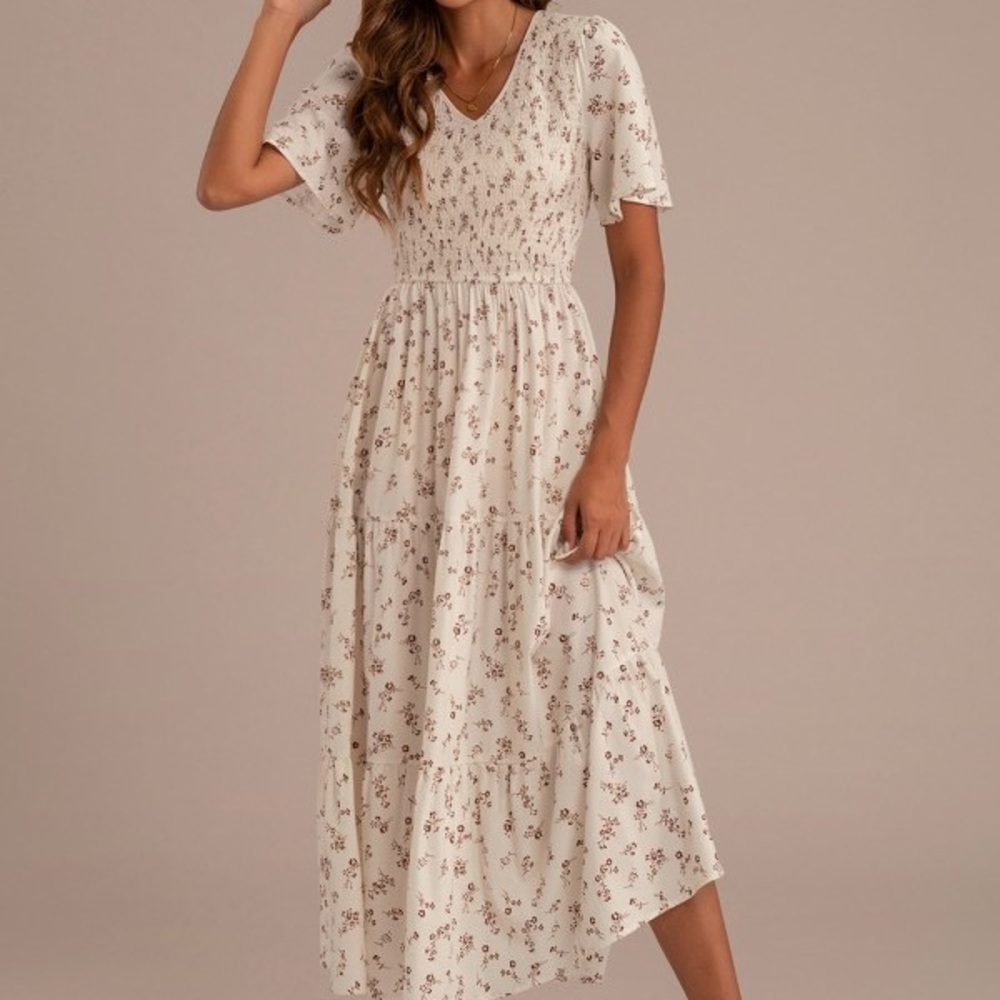 Floral Short Sleeve V Neck Smocked Tiered Maxi Dress